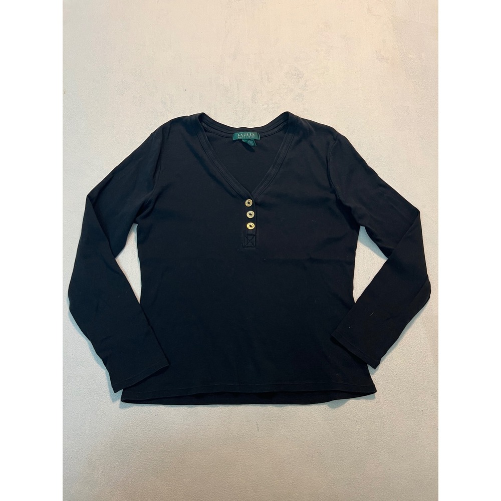 Lauren Ralph Lauren Womens Black Long Sleeve Henley V-Neck Cotton Top Size M